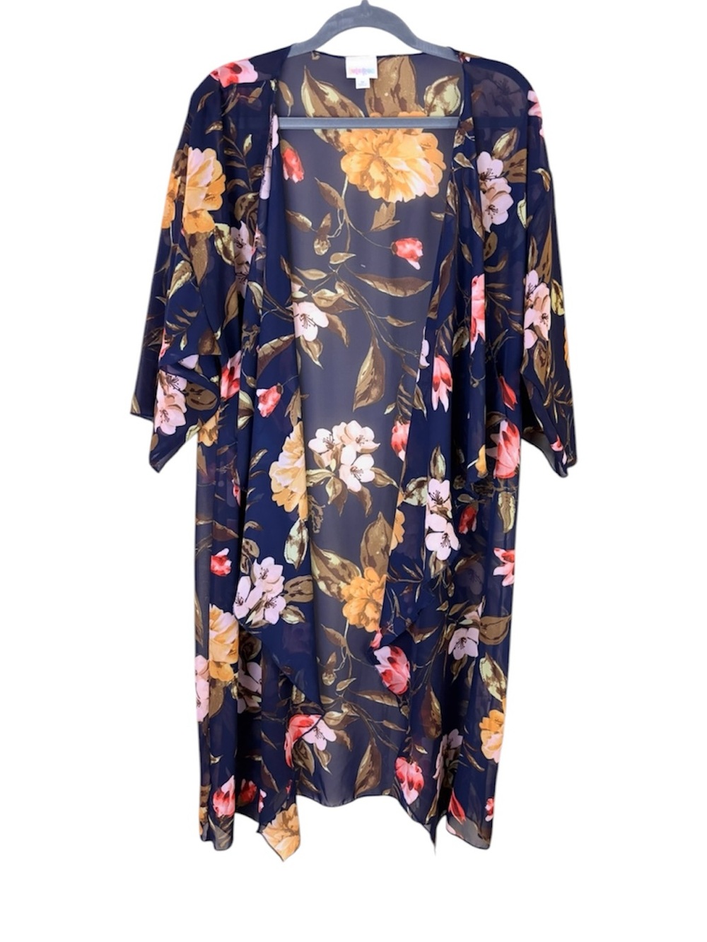 LuLaRoe Navy Floral Shirley Open Front‎ Kimono Duster Cardigan Overlay (M)